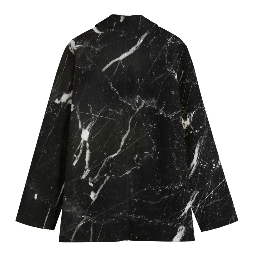 Black White Scratch Marble Print Women's Cotton Blazer