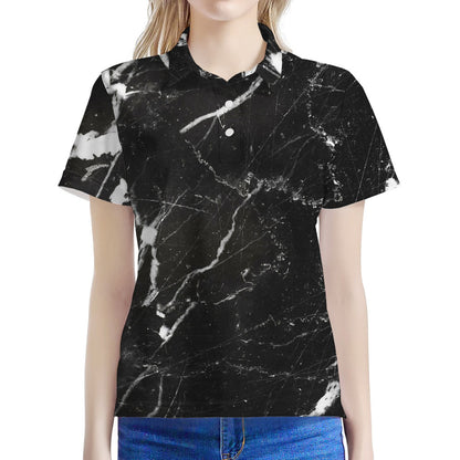 Black White Scratch Marble Print Women's Polo Shirt