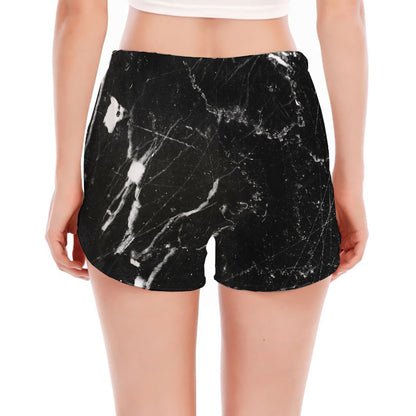 Black White Scratch Marble Print Women's Split Running Shorts