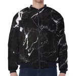 Black White Scratch Marble Print Zip Sleeve Bomber Jacket