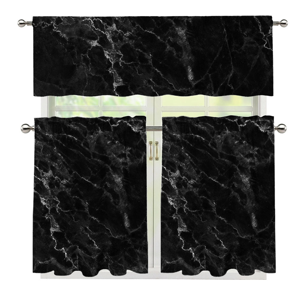 Black White Smoke Marble Print 3 Piece Kitchen Curtains