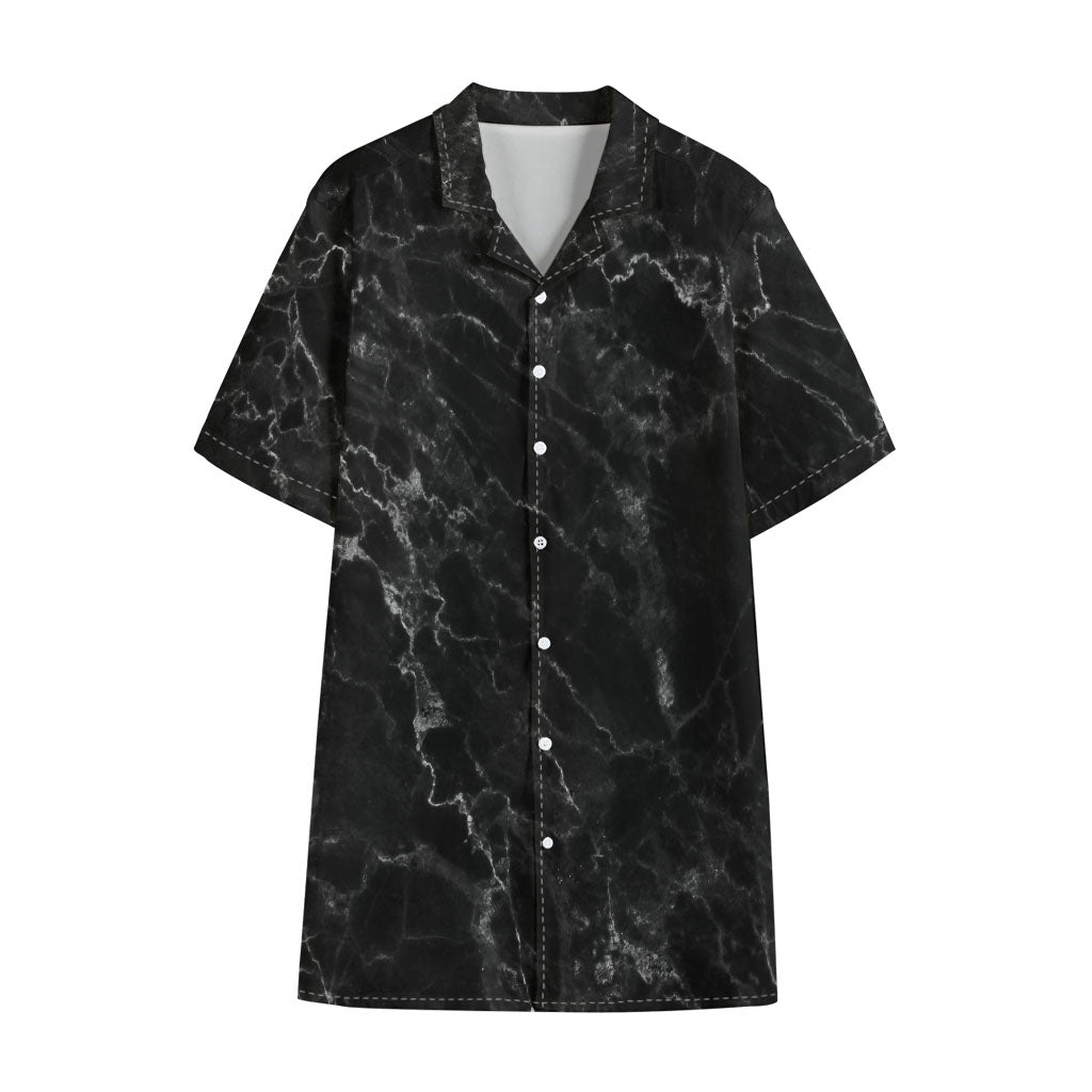 Black White Smoke Marble Print Cotton Hawaiian Shirt