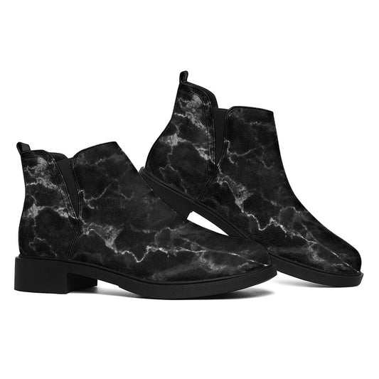Black White Smoke Marble Print Flat Ankle Boots
