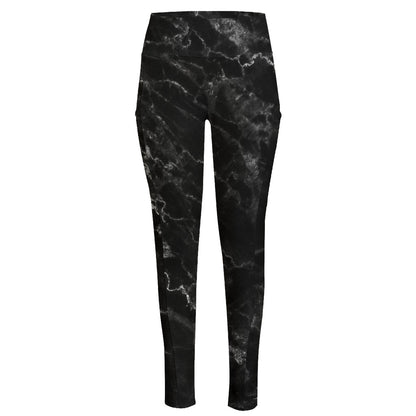 Black White Smoke Marble Print High-Waisted Pocket Leggings