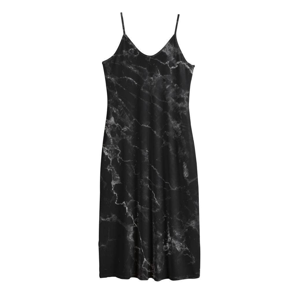 Black White Smoke Marble Print Jersey Midi Cami Dress