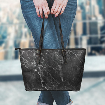 Black White Smoke Marble Print Leather Tote Bag