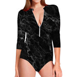 Black White Smoke Marble Print Long Sleeve Swimsuit