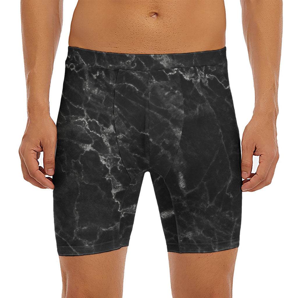 Black White Smoke Marble Print Men's Long Boxer Briefs
