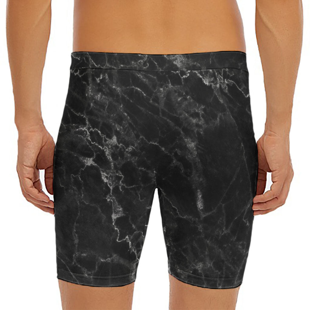 Black White Smoke Marble Print Men's Long Boxer Briefs