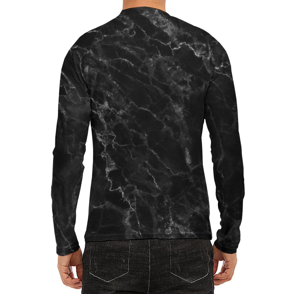 Black White Smoke Marble Print Men's Long Sleeve Rash Guard