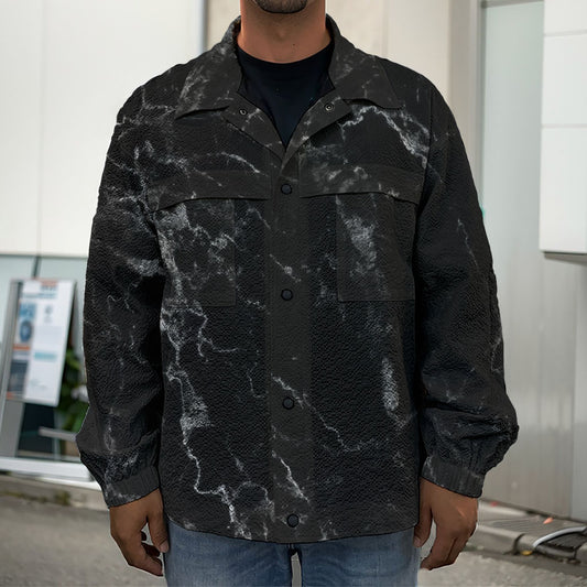 Black White Smoke Marble Print Men's Shirt Jacket