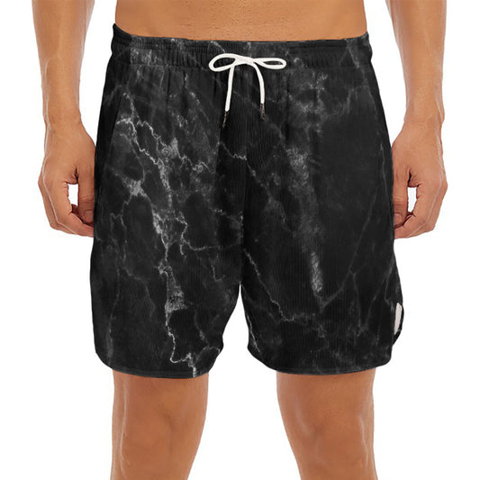 Black White Smoke Marble Print Men's Split Running Shorts