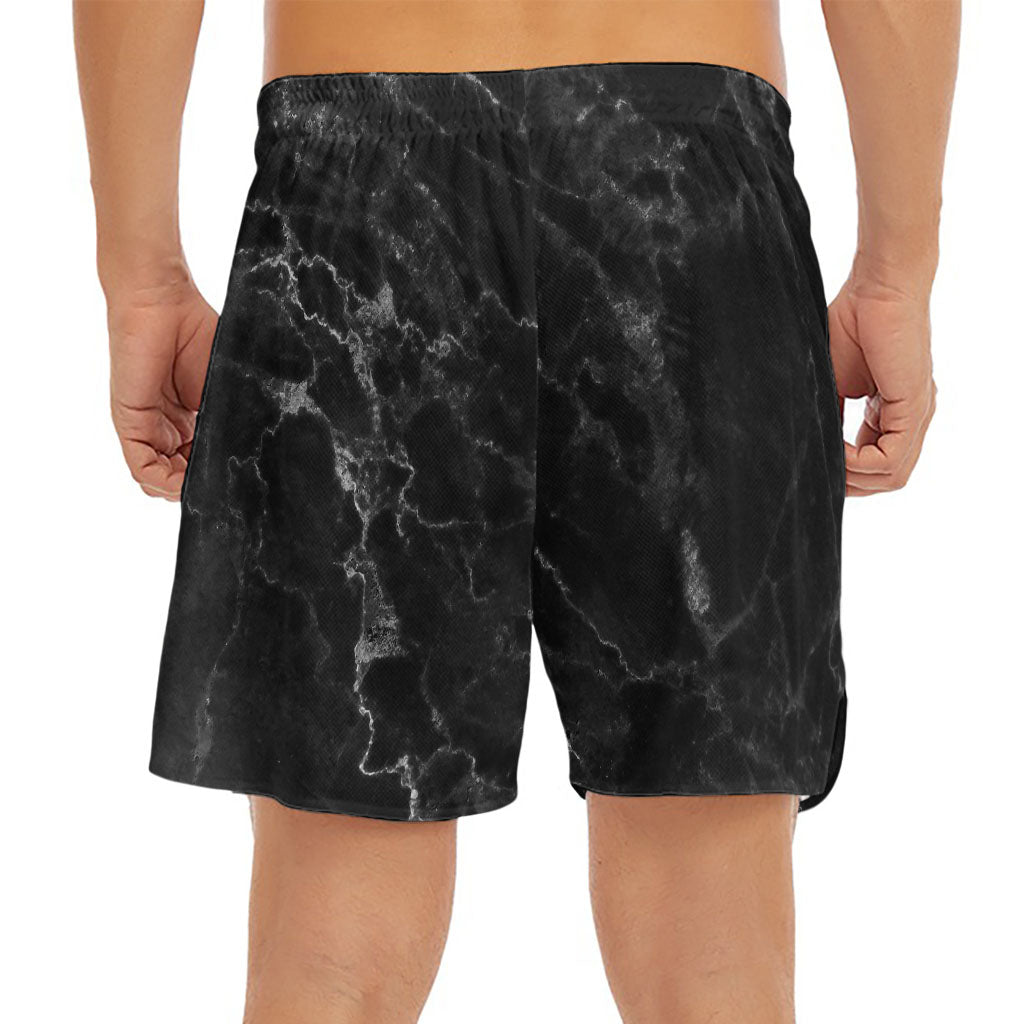 Black White Smoke Marble Print Men's Split Running Shorts