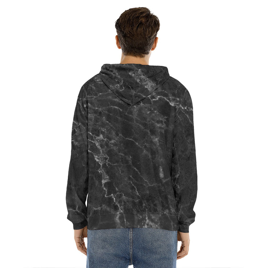 Black White Smoke Marble Print Men's Velvet Pullover Hoodie