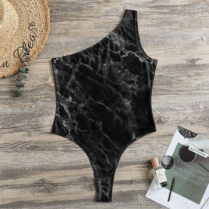 Black White Smoke Marble Print One Shoulder Bodysuit