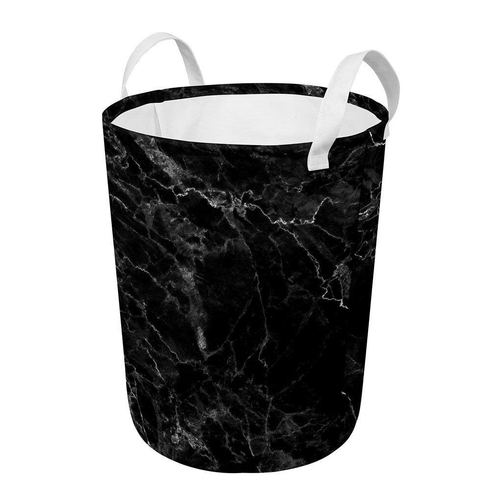 Black White Smoke Marble Print Round Laundry Basket