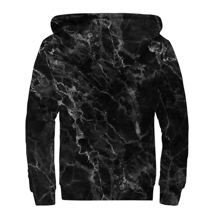 Black White Smoke Marble Print Sherpa Lined Zip Up Hoodie