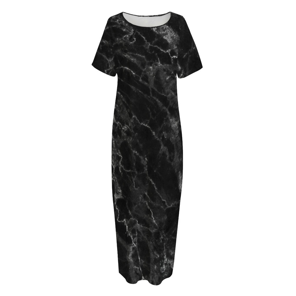 Black White Smoke Marble Print Short Sleeve Long Nightdress