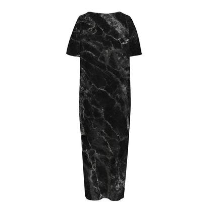 Black White Smoke Marble Print Short Sleeve Long Nightdress