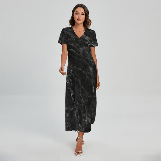 Black White Smoke Marble Print Short Sleeve Maxi Dress
