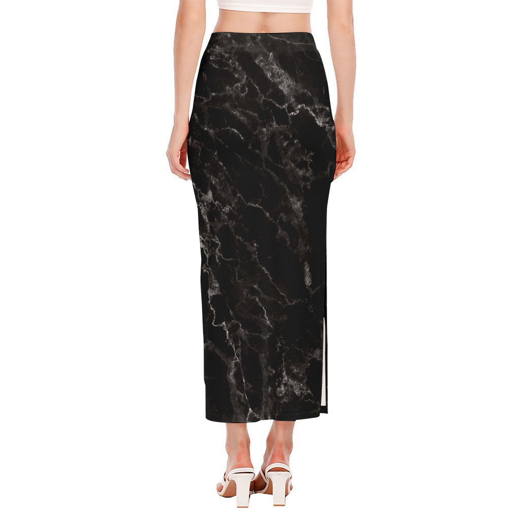 Black White Smoke Marble Print Side Slit Maxi Skirt