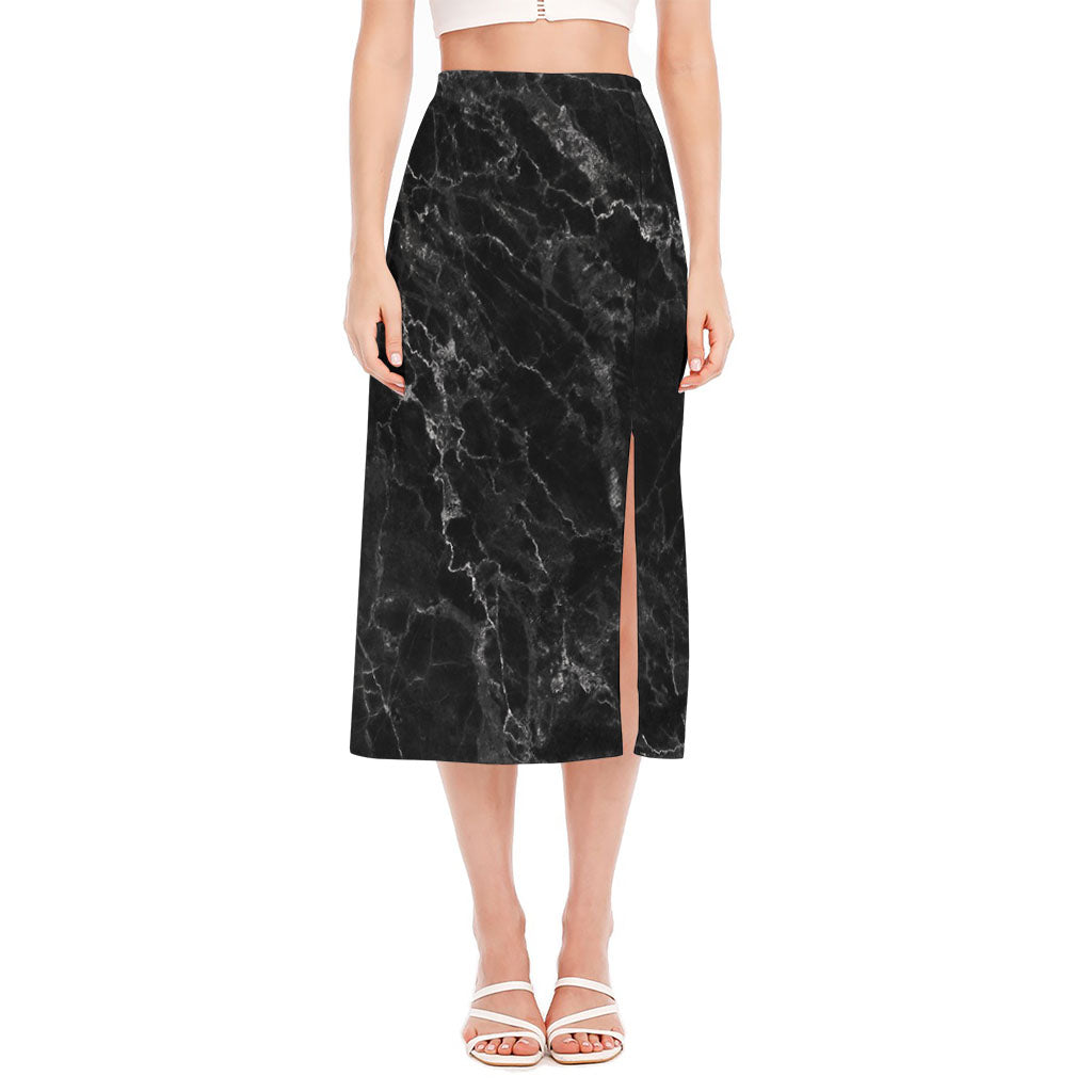 Black White Smoke Marble Print Side Slit Midi Skirt