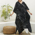Black White Smoke Marble Print Silk V-Neck Kaftan Dress