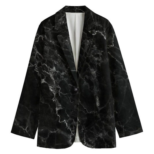 Black White Smoke Marble Print Women's Cotton Blazer