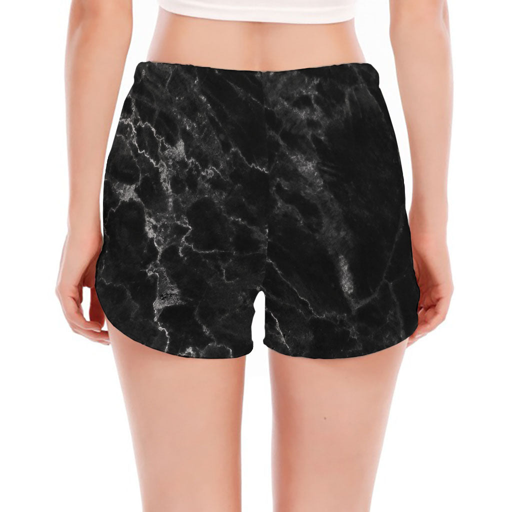 Black White Smoke Marble Print Women's Split Running Shorts