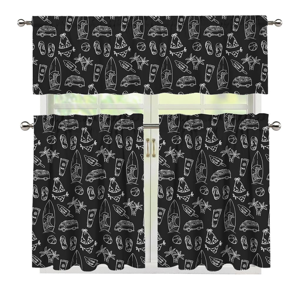 Black White Surfing Pattern Print 3 Piece Kitchen Curtains