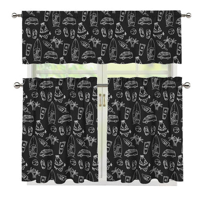 Black White Surfing Pattern Print 3 Piece Kitchen Curtains