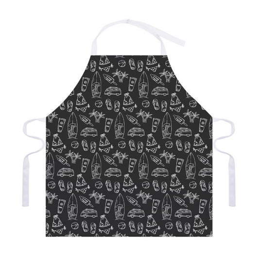 Black White Surfing Pattern Print Adjustable Apron