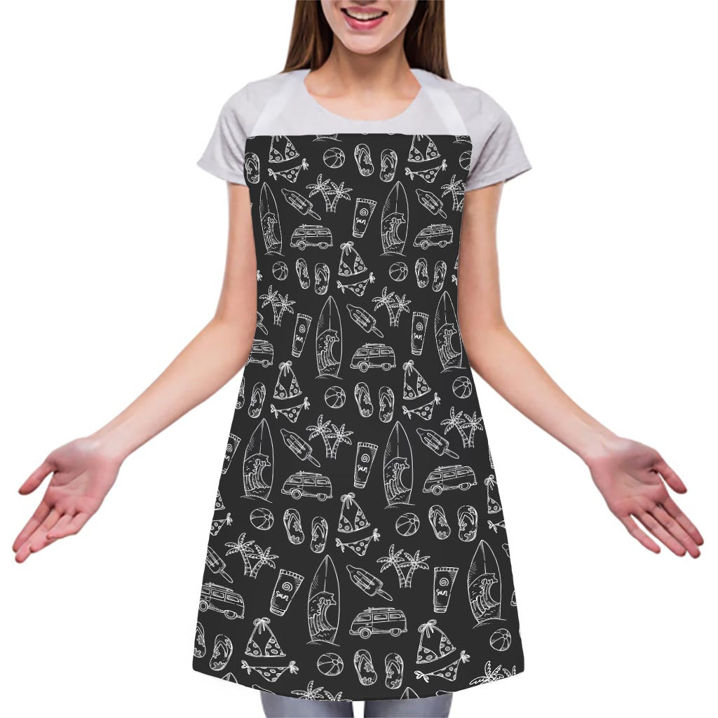 Black White Surfing Pattern Print Adjustable Apron