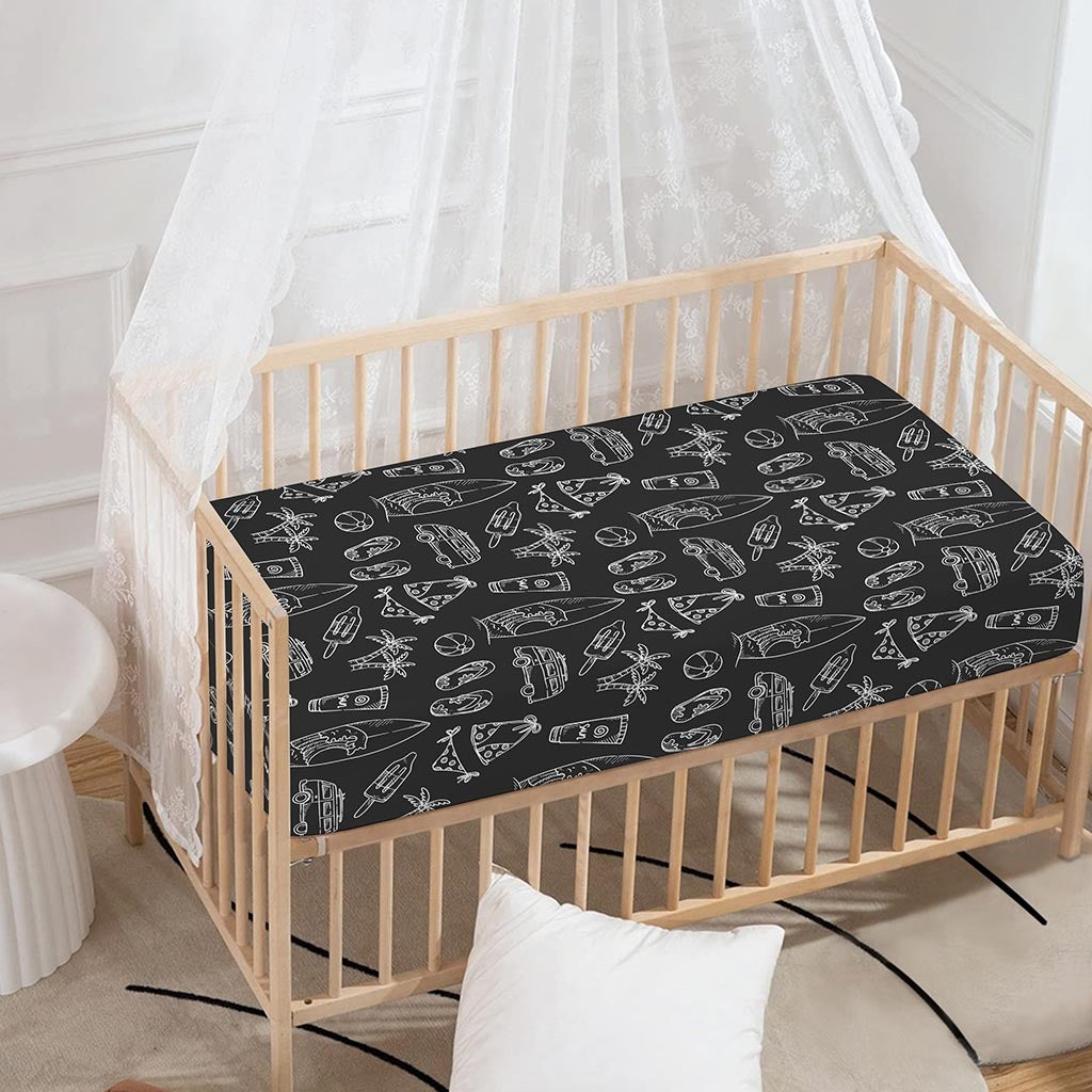 Black White Surfing Pattern Print Baby Crib Sheet