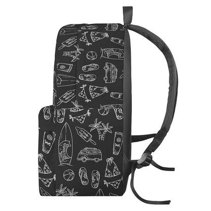 Black White Surfing Pattern Print Backpack