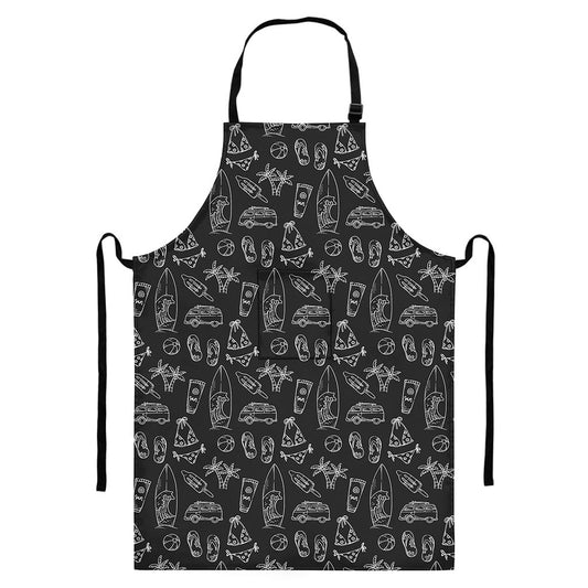 Black White Surfing Pattern Print Bib Apron With Pocket