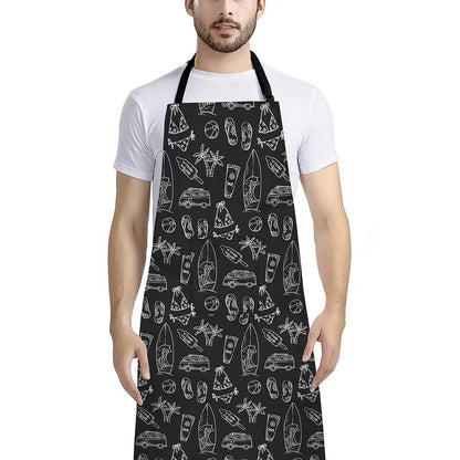 Black White Surfing Pattern Print Bib Apron With Pocket