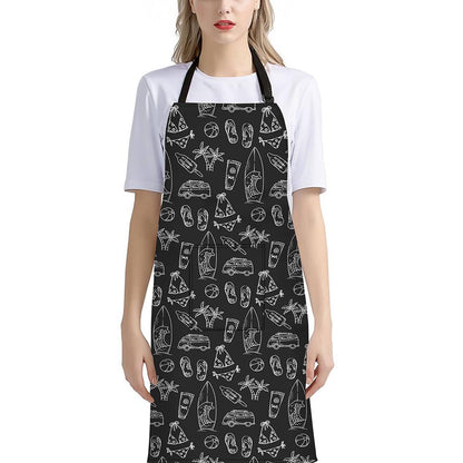 Black White Surfing Pattern Print Bib Apron With Pocket