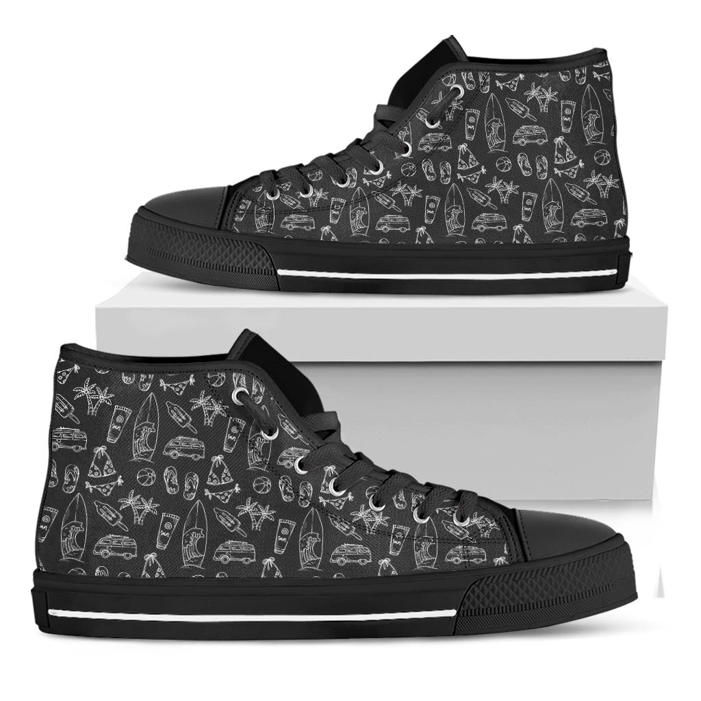 Black White Surfing Pattern Print Black High Top Sneakers