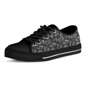 Black White Surfing Pattern Print Black Low Top Sneakers