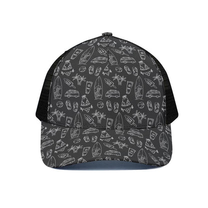 Black White Surfing Pattern Print Black Mesh Trucker Cap