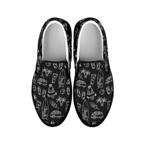 Black White Surfing Pattern Print Black Slip On Sneakers