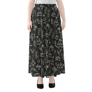 Black White Surfing Pattern Print Chiffon Maxi Skirt