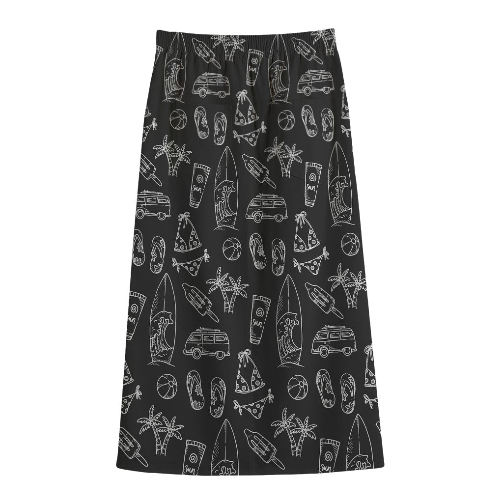 Black White Surfing Pattern Print Cotton Front Slit Maxi Skirt