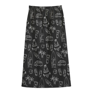 Black White Surfing Pattern Print Cotton Front Slit Maxi Skirt