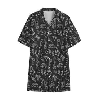 Black White Surfing Pattern Print Cotton Hawaiian Shirt