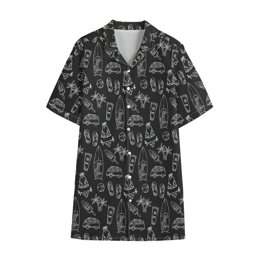 Black White Surfing Pattern Print Cotton Hawaiian Shirt