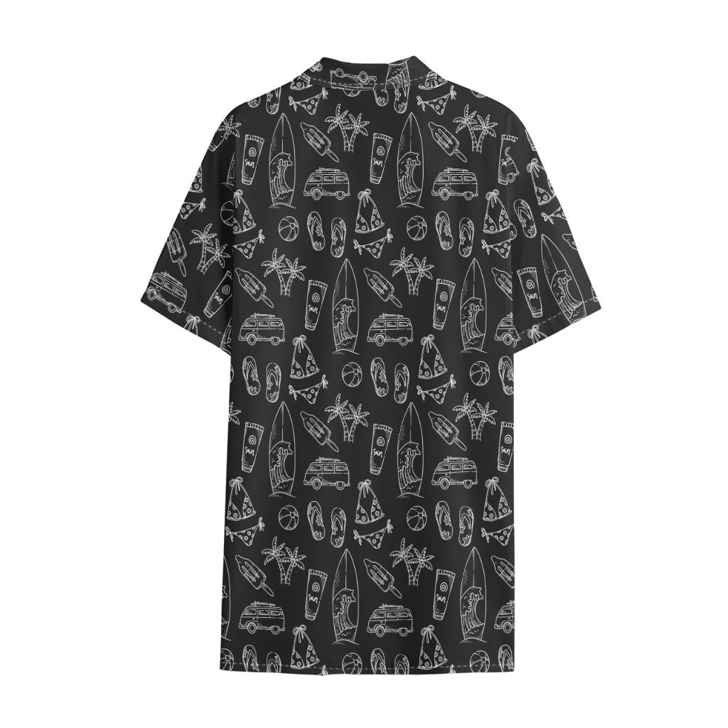 Black White Surfing Pattern Print Cotton Hawaiian Shirt