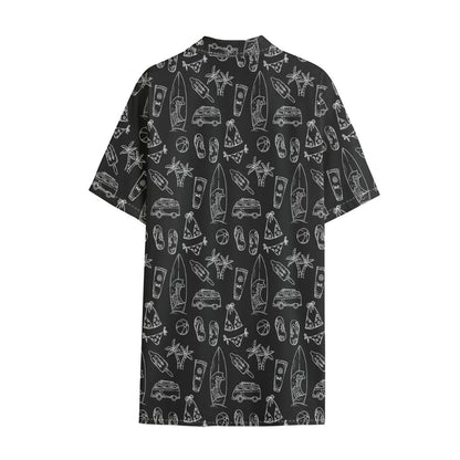 Black White Surfing Pattern Print Cotton Hawaiian Shirt