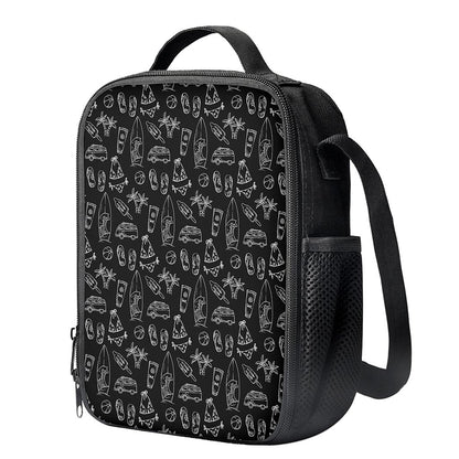 Black White Surfing Pattern Print Crossbody Lunch Bag
